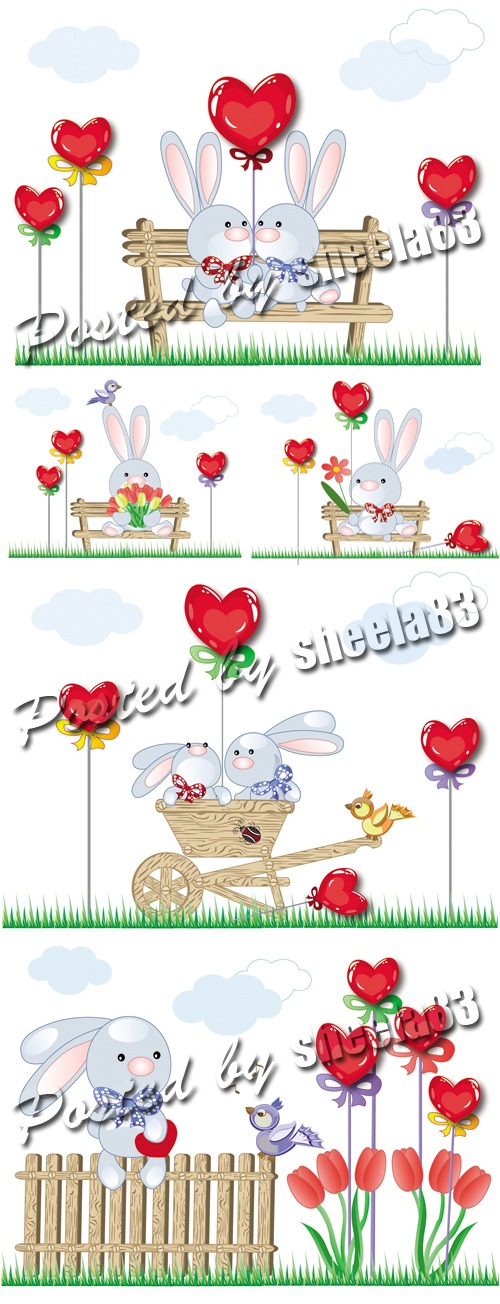 Cute Love Bunny Cards Vector